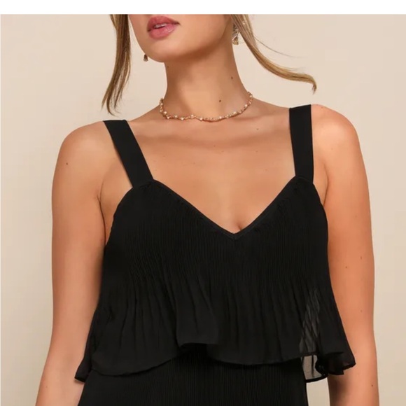 Lulu’s “Elegant Nature Black Pleated Sleeveless Tiered Maxi Dress”, Size Medium - Picture 2 of 4